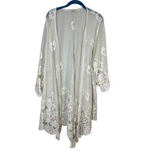 Floral Boho Sheer Cardigan 3X Cream Embroidery Western Classic Chic Glam 80s
